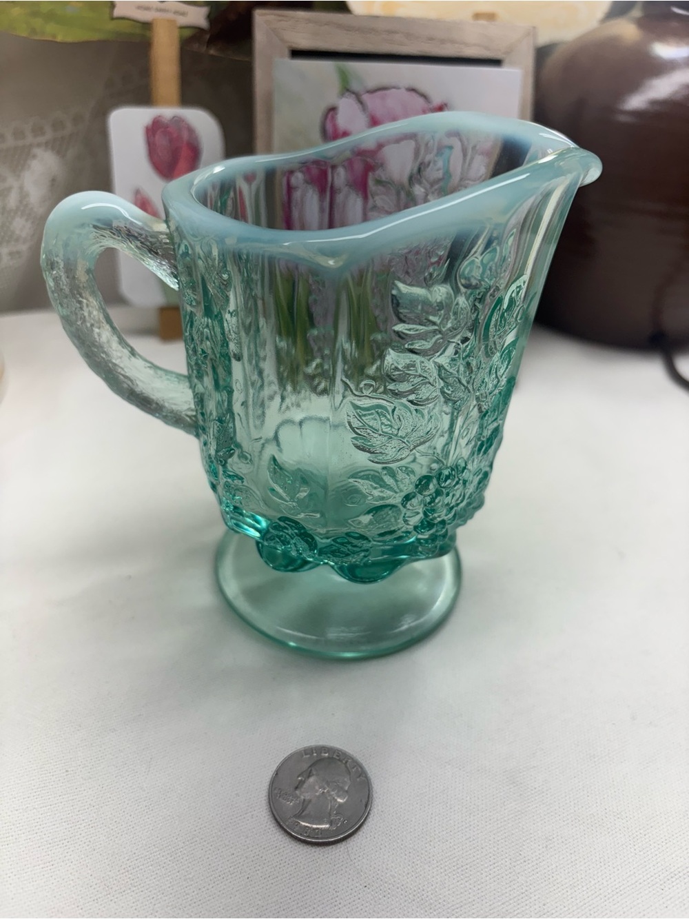 Aqua Pressed Glass Creamer Pitcher with Floral Pattern